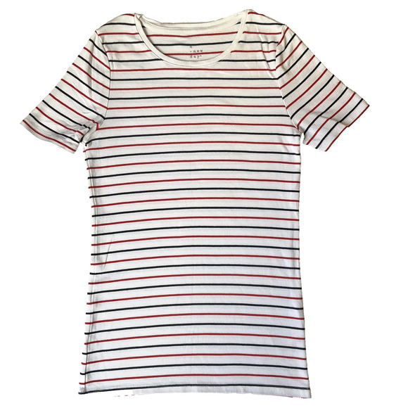 A New Day Women Shirt X-SMALL White Striped Crew Neck Pullover Short Sleeve - Picture 1 of 8